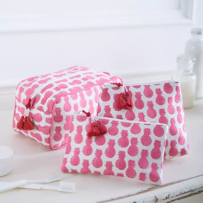 Pink Pineapples Block Printed Washbags