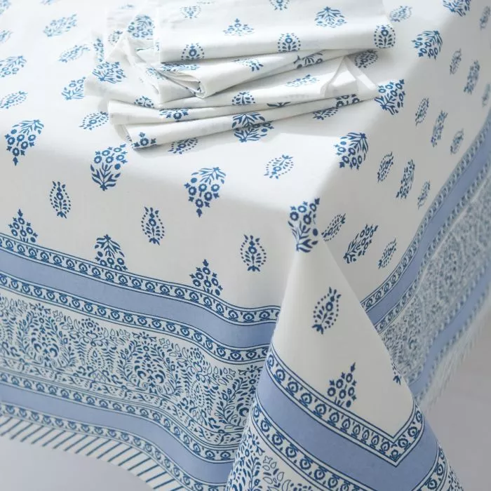 Block Printed Tablecloths &amp; Napkins Blue Motif (Design 13)